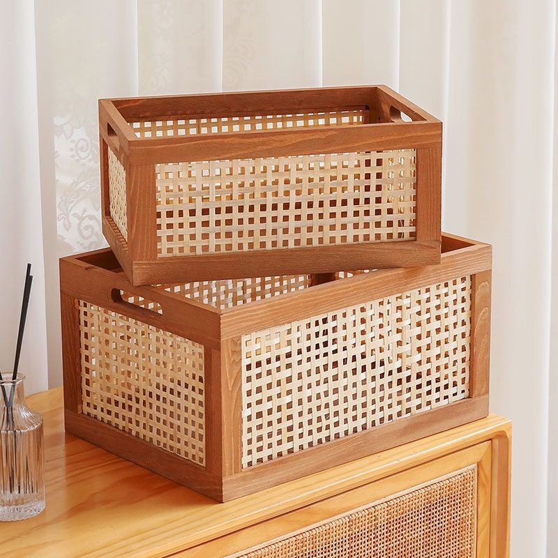 Caja de almacenamiento Retro de madera maciza, cesta de mimbre para escritorio, libros, aperitivos, frutas, cosméticos, cajas organizadoras, cesta de cocina para el baño y el hogar