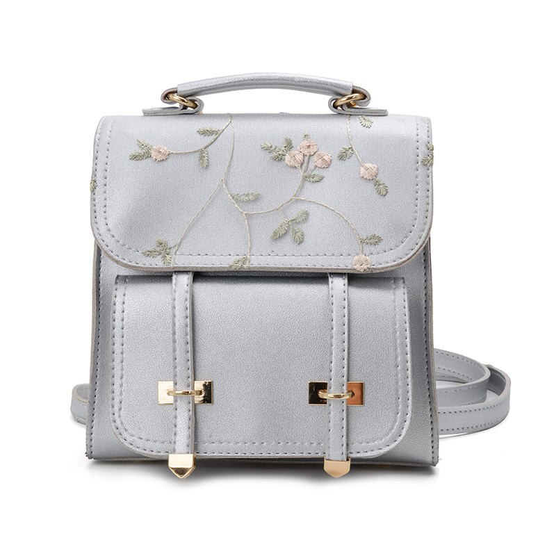 Women Backpack School Teenage Girls Small Shoulder Bag Leather Backpack Floral Embroidery Rucksack: sliver