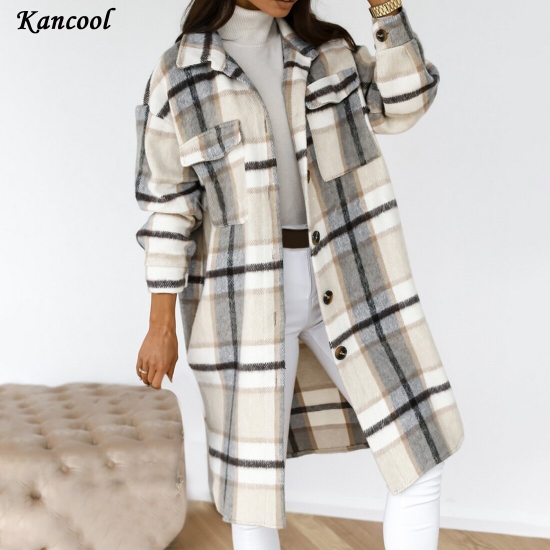 Kancool Gecontroleerd Vrouwen Jas Down Overjas Warme Plaid Lange Knop Revers Jas Oversized Dikke Wollen Blend Vrouwelijke Streetwear