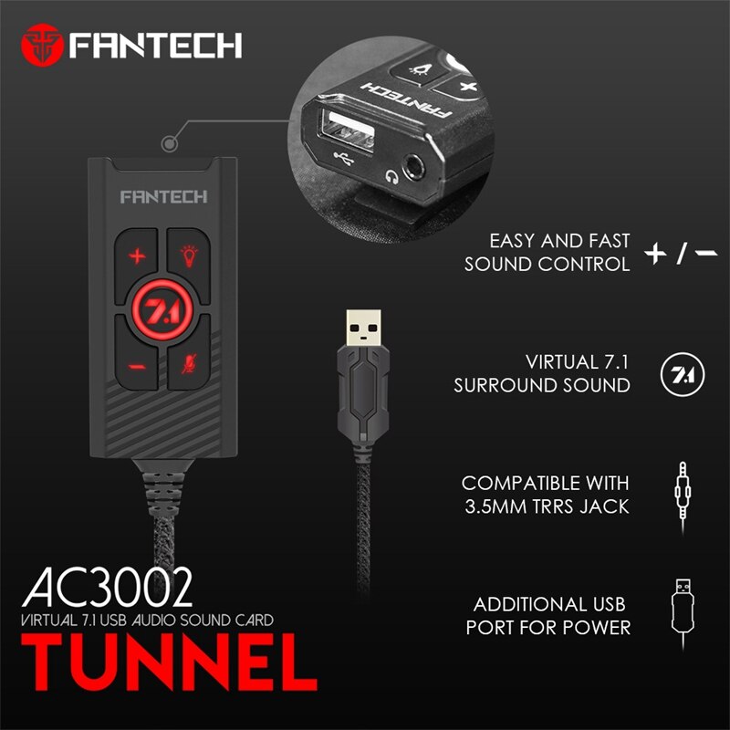 Fantech  ac3002 7.1 o lydkortvolum og mikrofon risikokontrollkontroller 7.1 tilleggsfunksjoner til ørepropper til spillhodesett