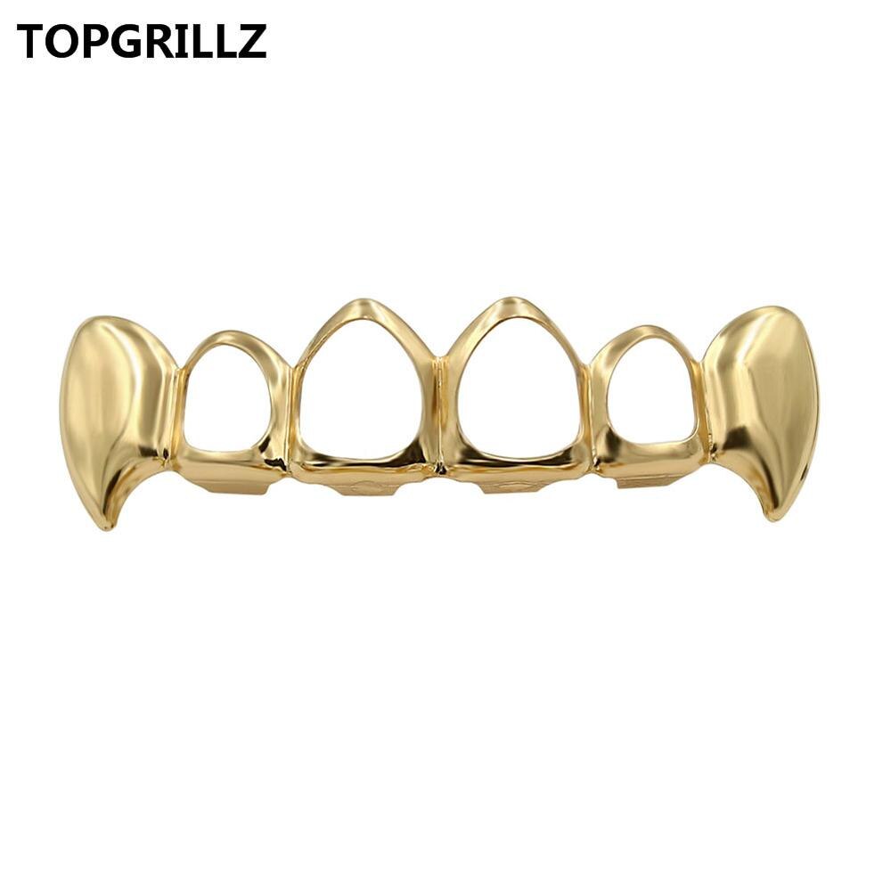 TOPGRILLZ Vergoldeter Hüfte-hüpfen-Zahngrill, oberer und unterer Grill, Hüfte-hüpfen-Bling-Hohlvampirzähne für Halloween: gold-farbe