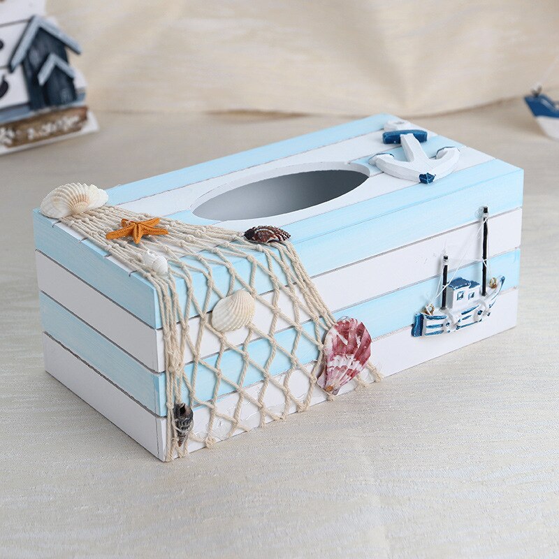 Mediterranean style wooden tissue box Blue ocean Beach marine shell decorative tissue box