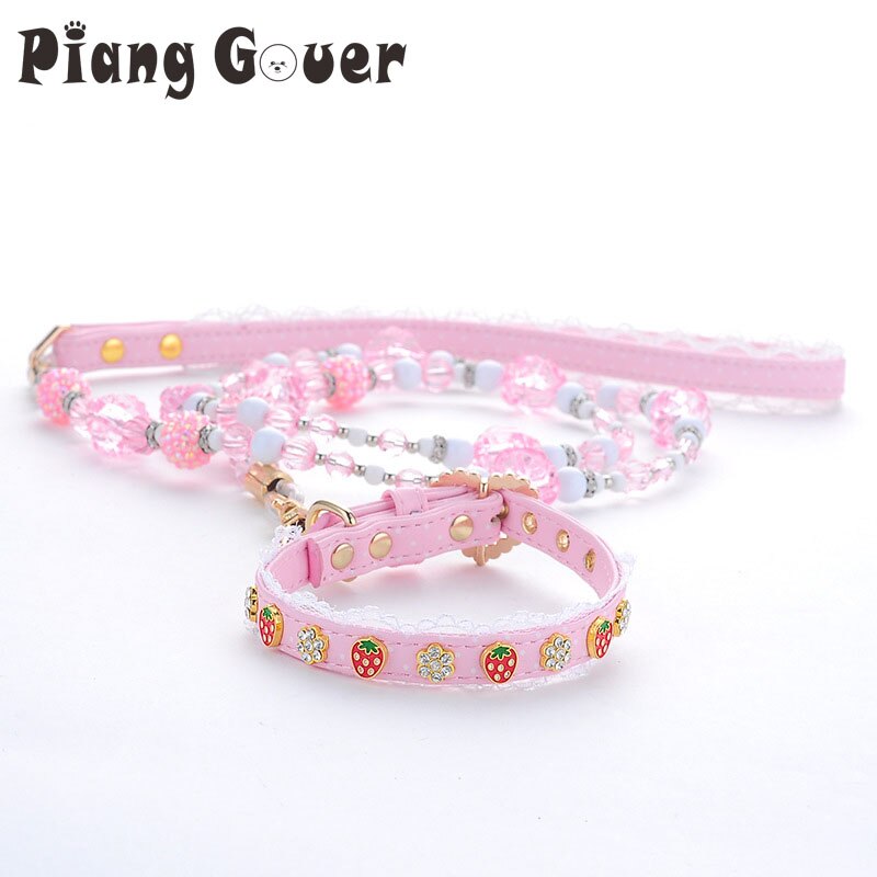 Leuke Aardbei Hond Kraag Plastic Bead Bloemen Hond Lead Riemen Roze Huisdier Halsbanden: S