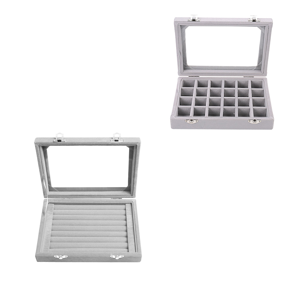 Earring Storage Case 24 Grids & 7 Slots Ring Velvet Display Case Box Ring Organizer Jewelry Tray Showcase Clear Glass Lid-Gray