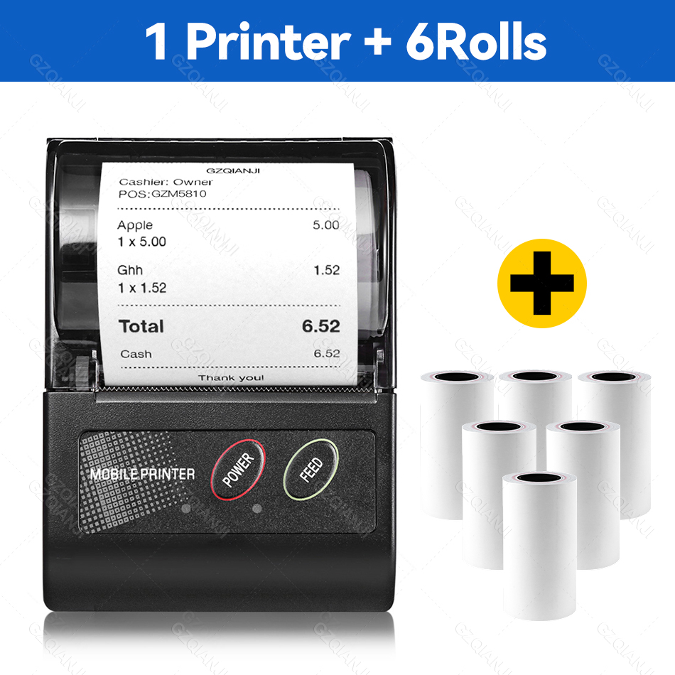 Android phone Mini 58mm Printer 2 inch USB Bluetooth Printer Thermal receipt Free app: Add 6Rolls / EU plug 