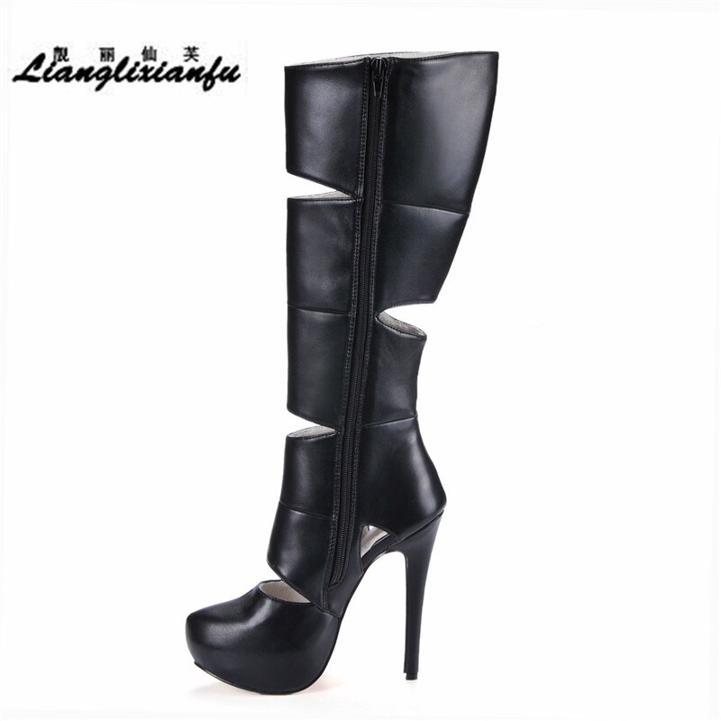 LLXF évider genou-hautes plates-formes chaussures femme bottes moto 14 cm mince à talons hauts zapatos mujer pompes noir fermeture éclair botas