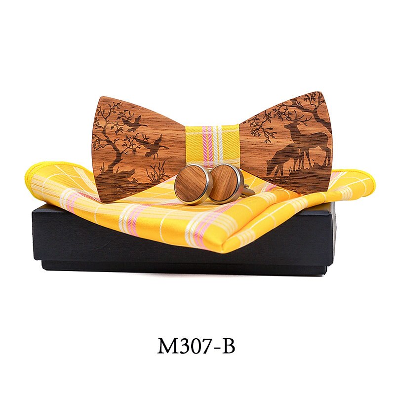 Conjunto de pajarita de madera + pañuelo + gemelos, pajaritas de madera Para el novio de boda, corbatas Para el hogar, bodas, alces de Navidad: M307-B
