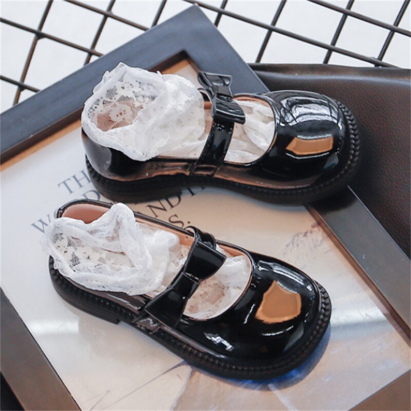 Zapatos de cuero con lazo negro para niños y niñas, mocasines de princesa, planos para estudiantes, primavera y otoño, 02