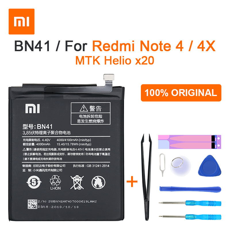 Originele Xiaomi Redmi Opmerking 4 Batterij BN41 4100 Mah Voor Hongmi Note 4 / Redmi Note 4X Mtk Helio X20 BN41 Batterij