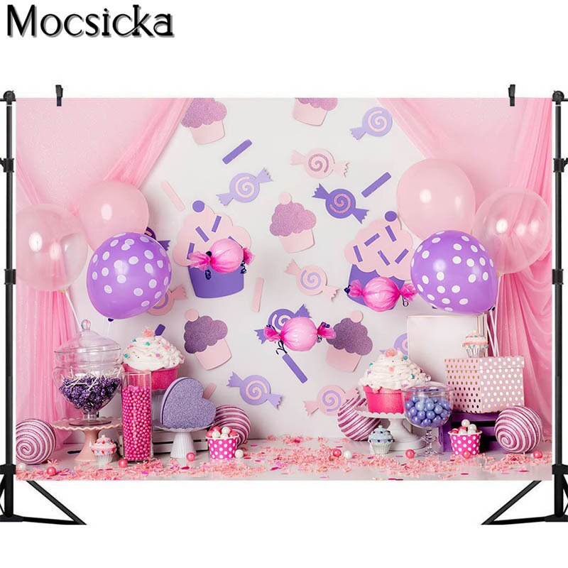 Mocsicka Zoete Snoep Taart Smash Fotografie Achtergronden Gordijn Ballon Decor Meisje 1st Verjaardag Photocall Achtergrond Foto Studio