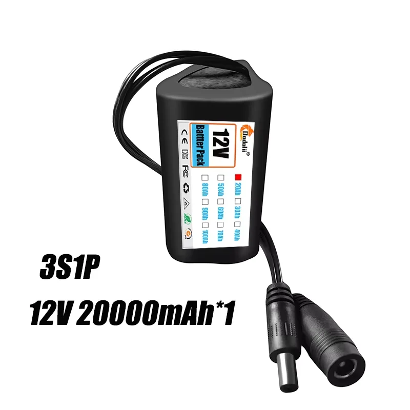 12V battery 3S1P 12V 20Ah 18650 lithium-ion battery pack with BMS for backup power supply CCTV cameras+12V charger: green