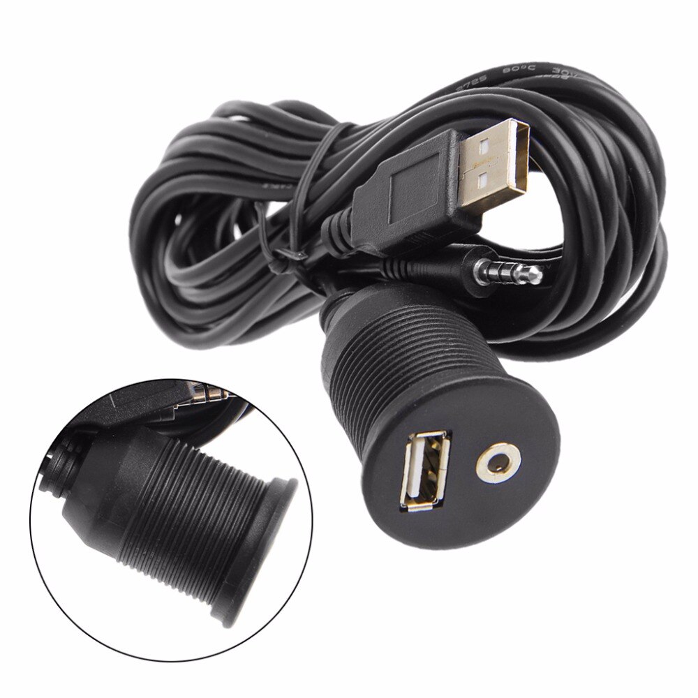 Car 2M 3.5mm Dashboard Flush Mount USB 2.0 AUX Socket Extension Lead Panel Cable
