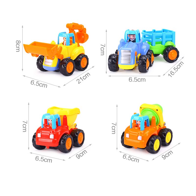 Tegneseriefrifriktionsdrevne legekøretøjer til småbørn 4 -pack, dumper, cementblander, bulldozer, traktor, legetøjsvogne, småbørnslegetøj