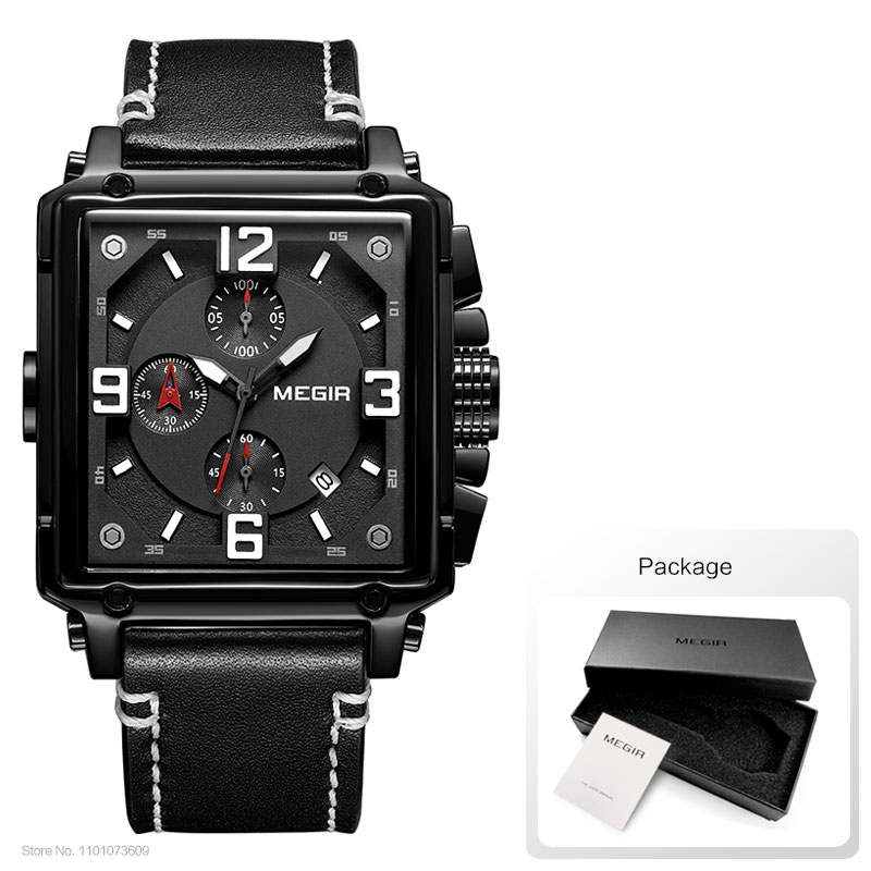 Megir herre firkantede quartz armbåndsur ur militær sports casual kronograf stopur læder relogios maskuline 2061 brun: Brun