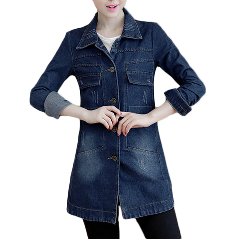 Herfst Winter Koreaanse Denim Jas Vrouwen Slanke Lange Base Coat vrouwen Verzwakte Marineblauw Plus size Jeans Jassen cool 5XL A364