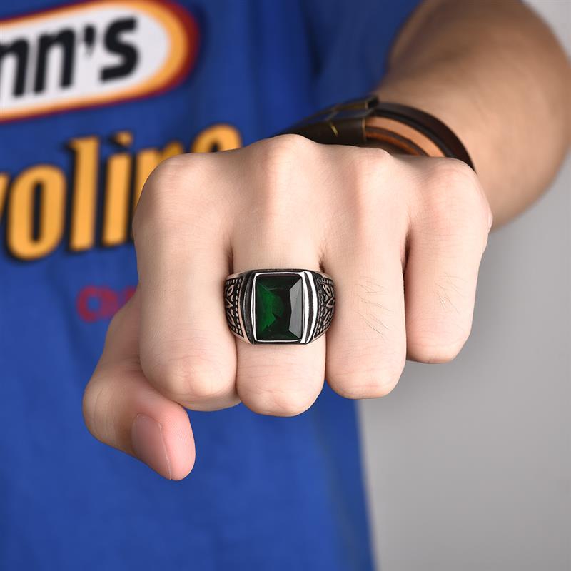Anillo de acero inoxidable Jiayiqi Punk para hombre, anillos de dedo de piedra circón verde para hombre, accesorios de joyería, ,
