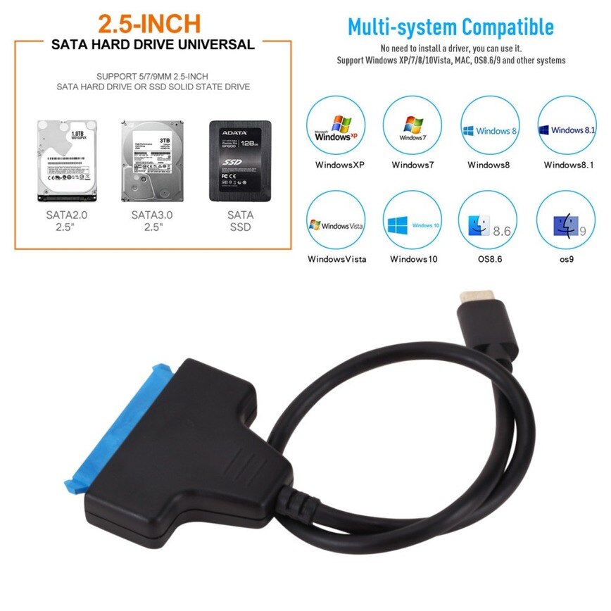 Convertisseur USB 3.1 USB C vers SATA câble adaptateur USB 3.1 type-c pour disque dur SSD de 2.5 pouces câble de disque dur haute vitesse SATA vers Type C