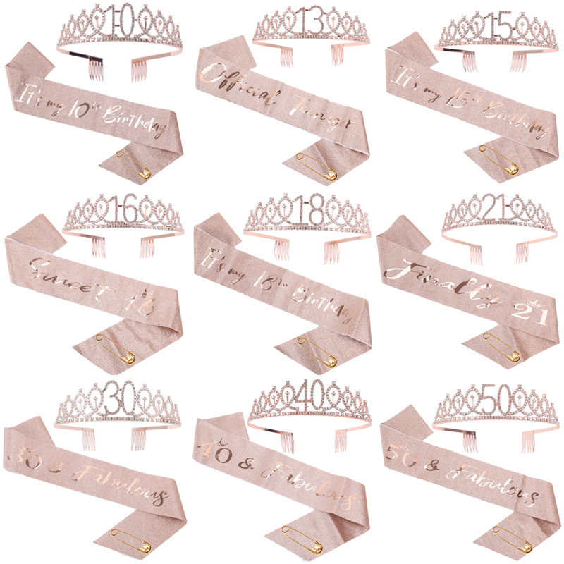 10 15 18 21 30 40 50 jarige meisje koningin satijnen sjerp kristallen kroon voor vrouwen kinderen verjaardag jubileum decoraties feestartikelen