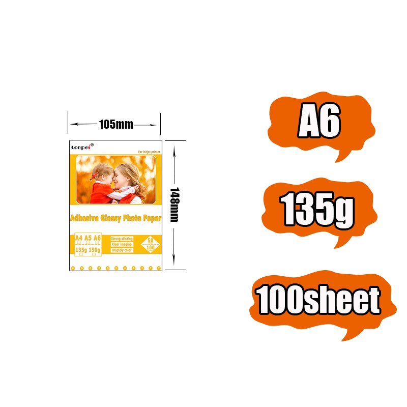 A4 50sheets A5 A6 100sheets 135g 150g high Glossy Self Adhesive Inkjet Printing with back glue sticker photo paper: A6 135g 50sheets