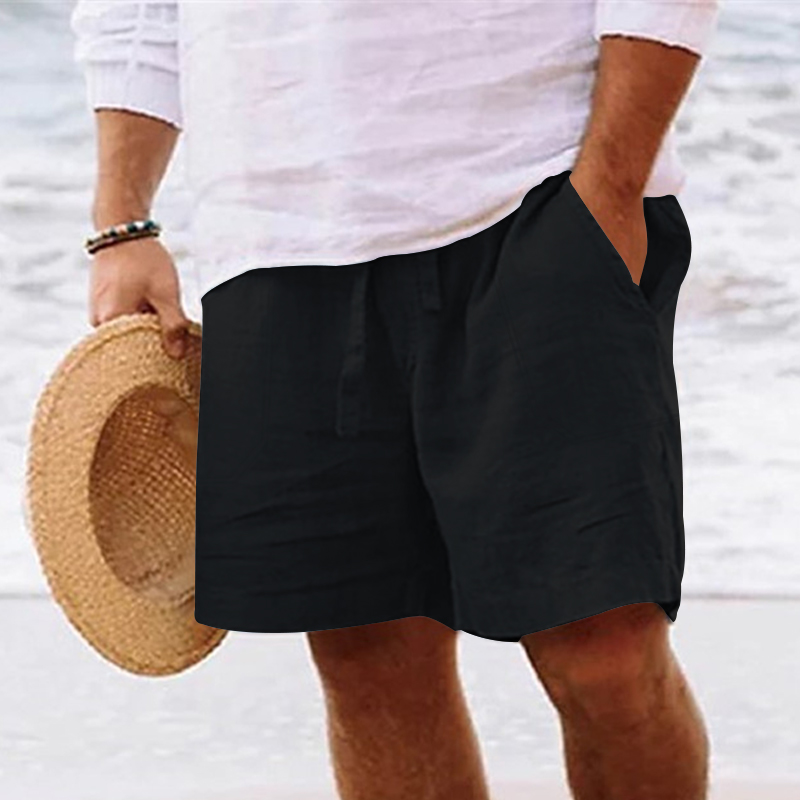 Pantalones cortos de lino y algodón para hombre, Bermudas de cinco puntos, cintura elástica con cordón, pierna recta, Color sólido, transpirables, uso diario en la playa: 4XL / Negro