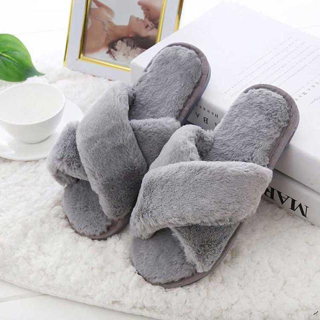 Damespantoffels winterschoenen dames platte slippers binnenschoenen dames imitatiebont warme herfst damesschoenen xkd 8031: Grijs / 7