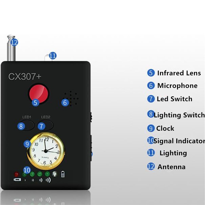 CX307 Multifunctionele Rf Signaal Camera Telefoon Gsm Gps Wifi Bug Spy Detector Ingebouwde Oplaadbare Met Klok