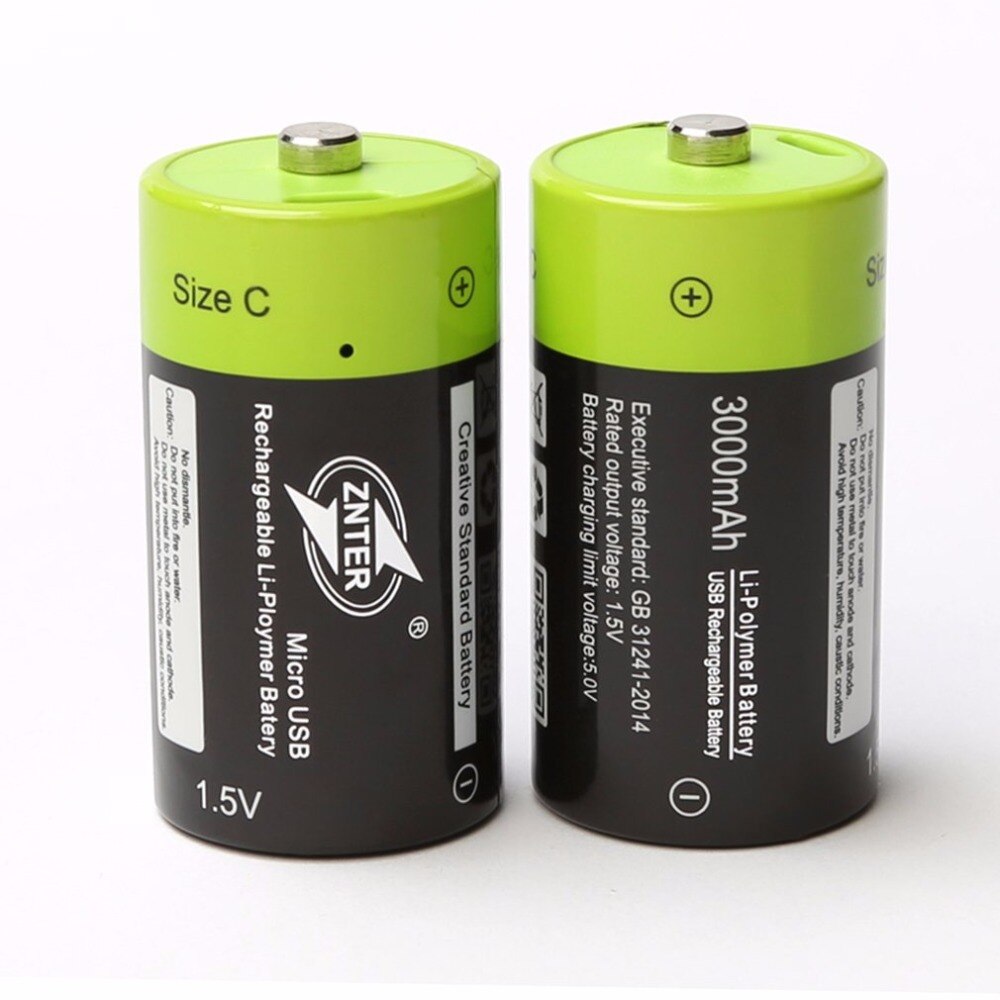 ZNTER 1.5V 3000mAh rechargeable battery C size USB rechargeable lithium polymer battery charged by Micro USB cable: 2PCS Battery