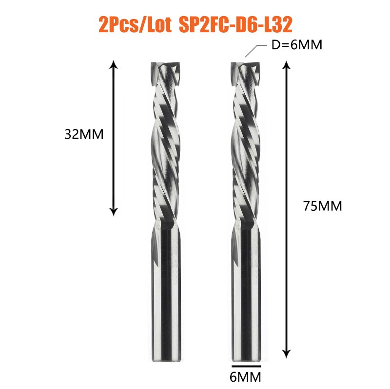 2PCS/LOT Compression Milling Cutter Woodwork UP&amp;DOWN Cut Two Flute Spiral Carbide Milling Tool CNC Router Bits Wood End Mill: 2PC-SP2FC-D6.0-L32