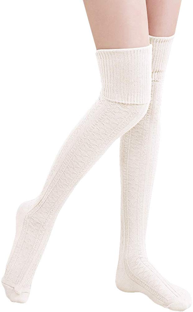 Oberschenkel Hoch Über Knie Socken für Frauen Mädchen, Winter-draussen Sport warm Häkeln Lange Socken Bein Wärmer Gamaschen: Weiß