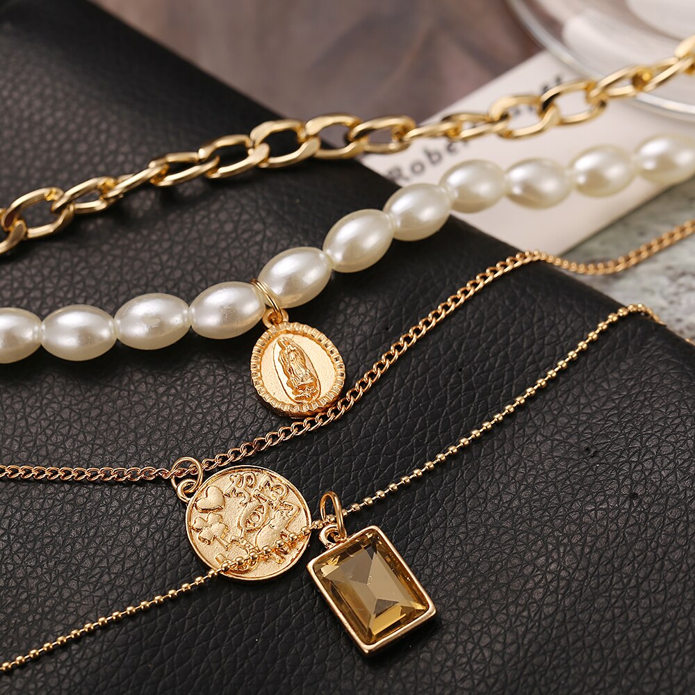 Punk Gold Multilayered Chain Baroque Pearl Necklace For Women Coin Crystal Pendant Necklace Trend Jewelry