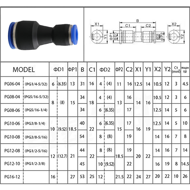 Pu Pneumatic Fittings Plastic Connector PG 4mm 6mm 8mm 10/12/14mm 16mmAir water Hose Tube Push in Straight Gas Quick Connectors
