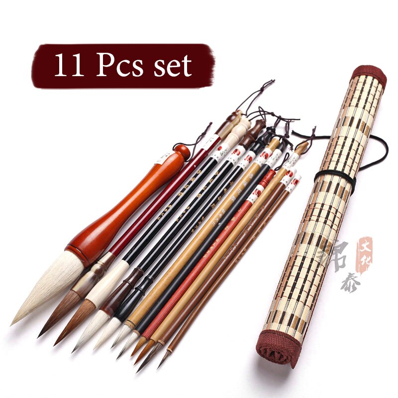 Chinese Calligraphy Brush Set Kanji Japanese Sumi Painting Drawing Artist Writing Brushes Roll-up Bamboo Brush Holder Pen Bag: 11 pcs set