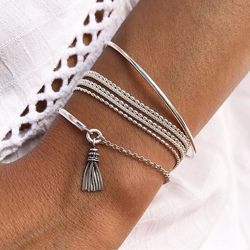 3PCS/Set Silver Color Bracelet Round Bead Chain Bracelet Multi-Layer Tassel Bracelet for Women Chain Bangle Girls Wrist Jewelry: SK1301