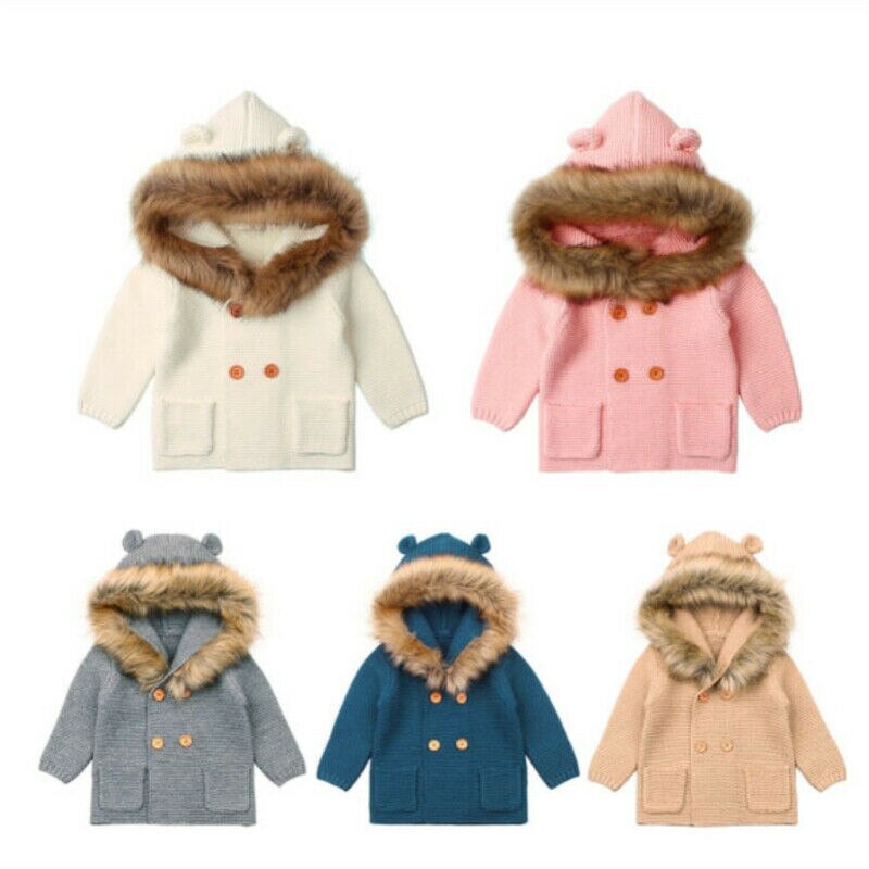 Mode Baby Trui Jas Leuke Bontkraag Dier Hooded Breien Baby Jas Herfst Winter Warm Kleding Voor Baby meisje Jongen