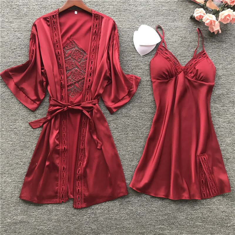 QWEEK Women Nightwear Robe Sets V-Neck Robe Set Bathrobe Set Spring Summer Robe Pijama Nightgown Robe Lingerie Femme Sexy: Wine Red / M