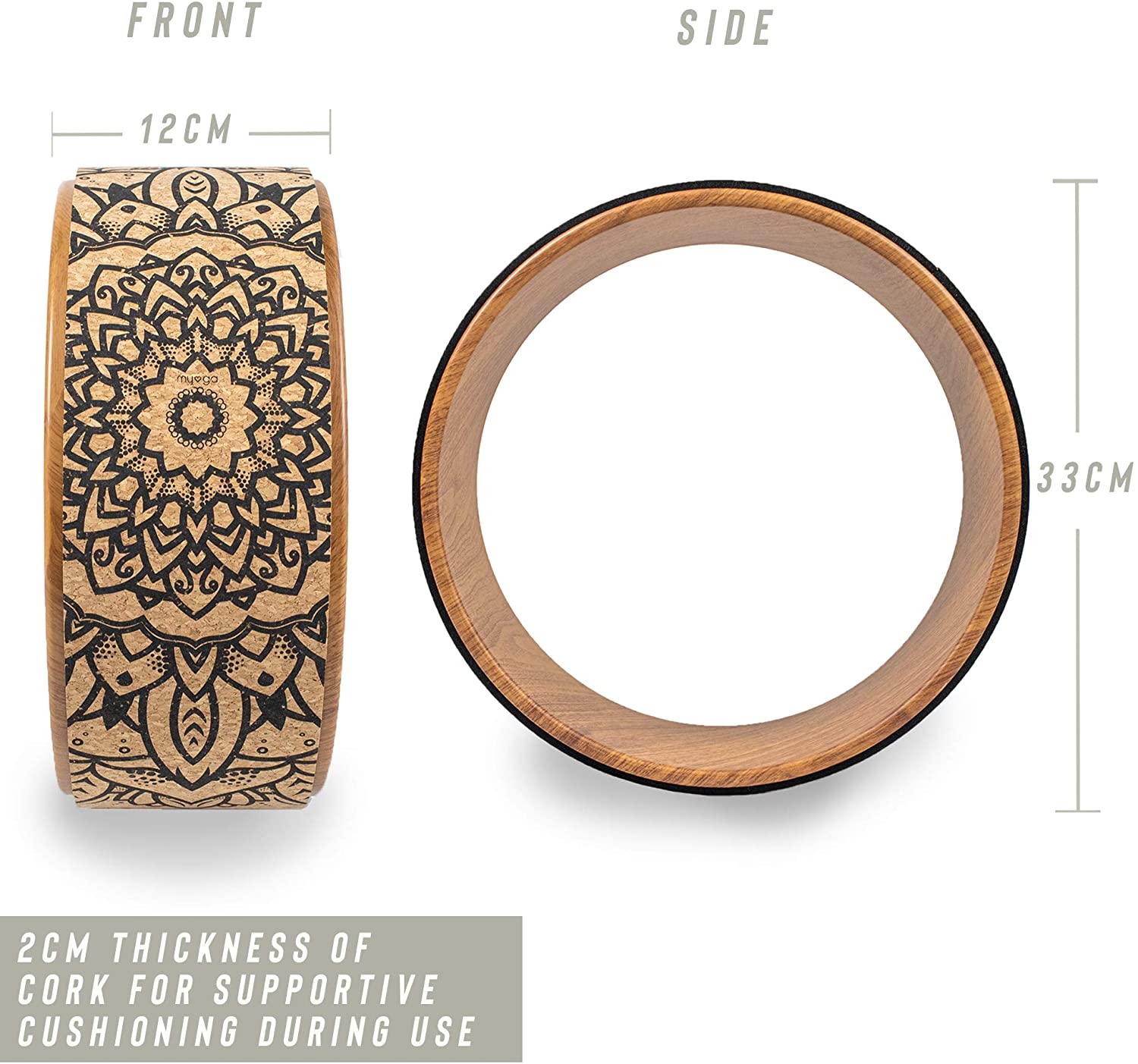 Cork Yoga Wheel for Yoga Poses and Backbends Inversions - Natural Cork with Wood-Effect and Mandala Print