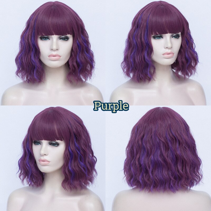 MSIWIGS-Peluca de cabello ondulado corto con flequillo para mujer, peluca completa sintética barata, color negro, fibra resistente al calor, marrón, falsa: Púrpura