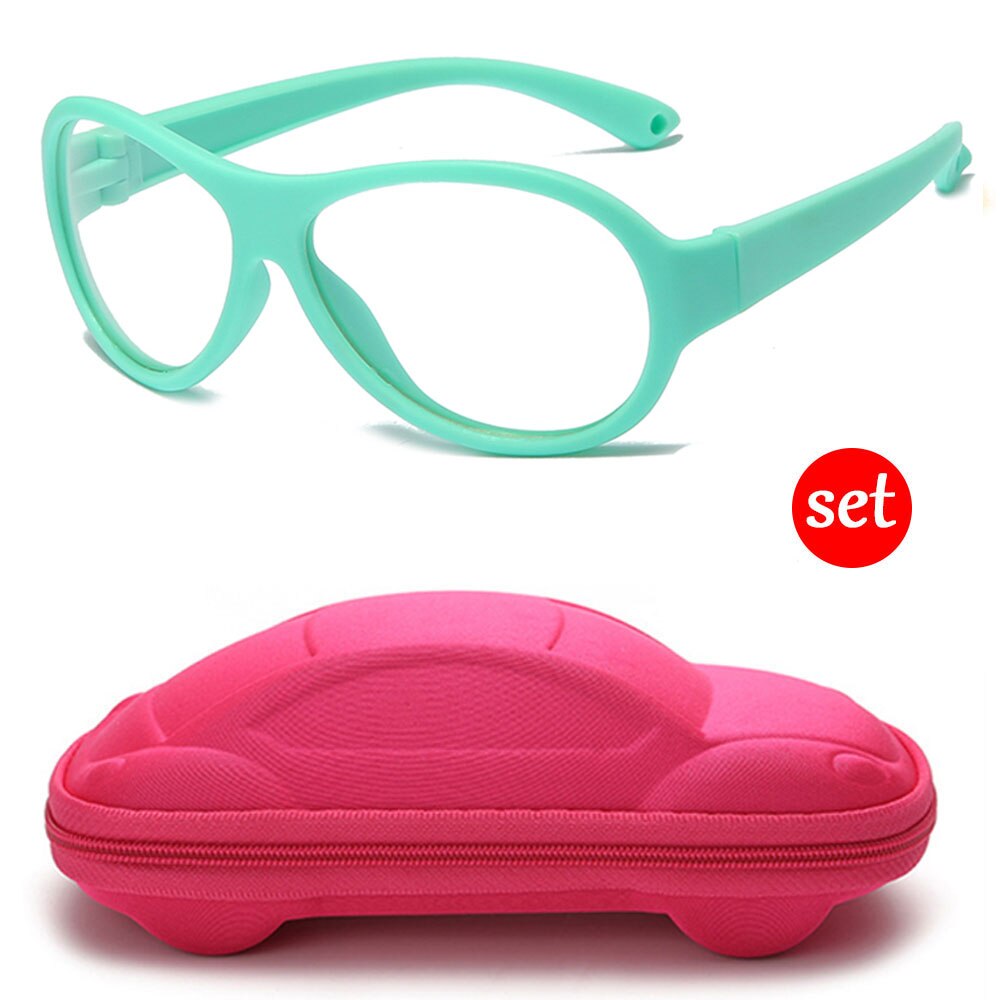 Longkeeper anti blåt lys børnebriller med bilformet brilleetui børn fleksibelt optisk stel eyeware dreng pige briller: Grøn-pink sag