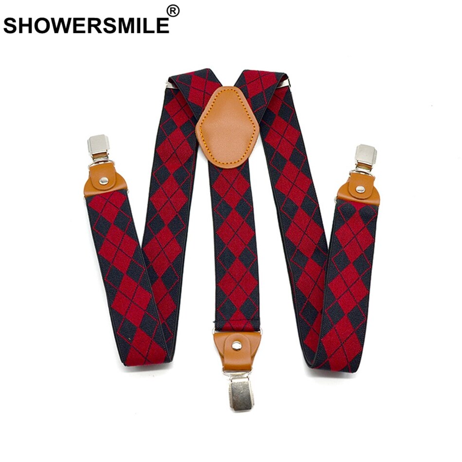Showersmile hängslen man för byxor svart röd argyle justerbart y back hängselbälte 3 klämmor med läder hängslen