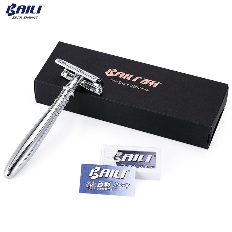 BAILI Stainless Safety Razor Double Edge Blades Long Handle Barber Shaving Shaver +5 Blades +Case +Stand/Holder BD191