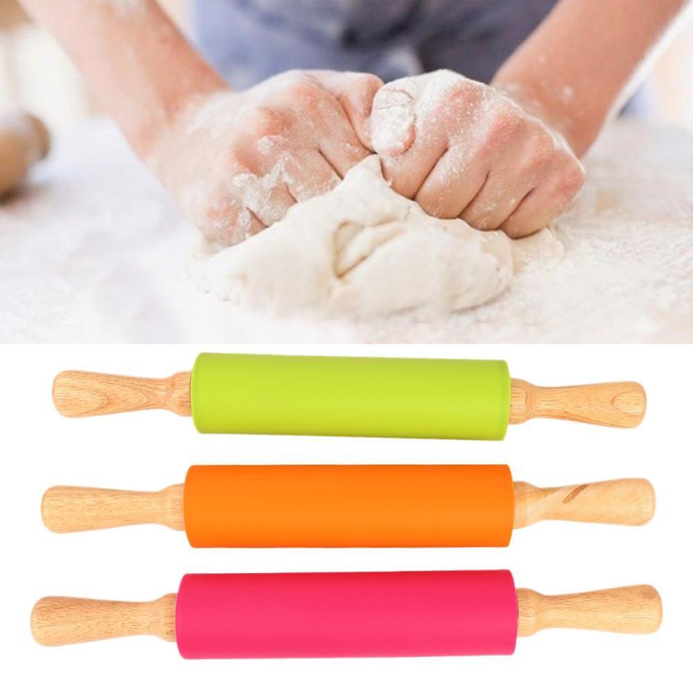 S/M/L Non-Stick Wooden Handle Silicone Rolling Pin Pastry Dough Flour Roller Kitchen Baking Cooking Tools Christmas Rolling Pin