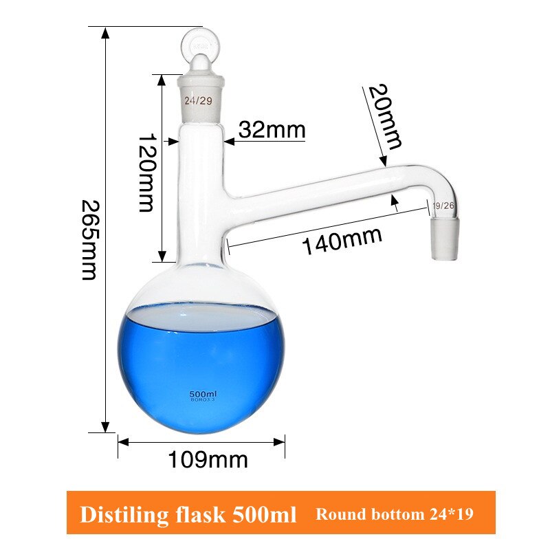 Matraz de destilación de 500 mL, frasco de vidrio, uso para hacer agua destilada, extracción de aceite esencial, cristalería de Laboratorio 1/PK