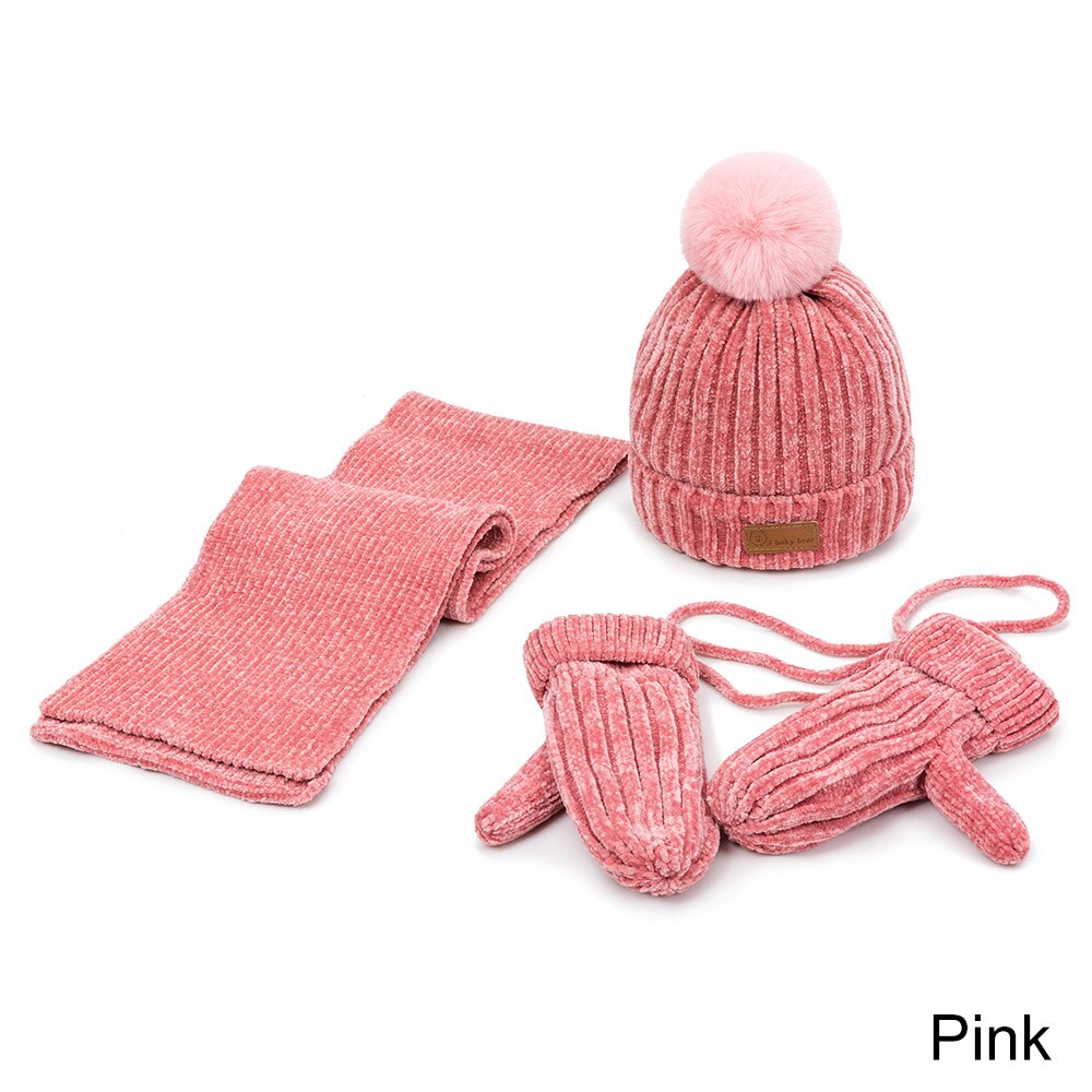 Reakids baby meisjes muts sjaal handschoenen set winter warme dikke muts met haarbal zachte comfortabele outdoor muts jongens katoenen muts pak: Roze