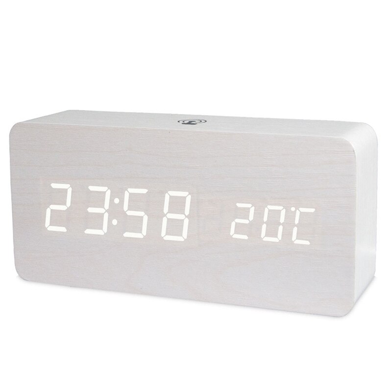 Led digital de madeira despertador app controle tempo temperatura data eletrônico desktop relógio usb bateria brilho controle de som: WHITE-WHITE