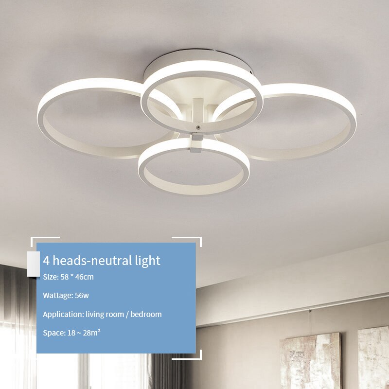 Led lysekrone lys til stue spisestue køkken soveværelse hjem moderne rektangel loftlampe lysarmaturer: 4 hoveder cirkel / Hvid farve / Kølig hvid