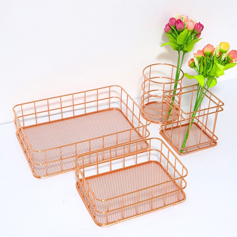 Panier de rangement nordique en fer forgé porte-stylo, panier de rangement en fond de bureau en métal, or Rose, papeterie et finition
