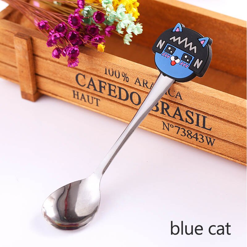 Cuchara infantil de dibujos animados portátil de acero inoxidable, cucharas de café, té, accesorios para cubiertos de bebé, accesorios de cocina, 2 uds.: blue cat