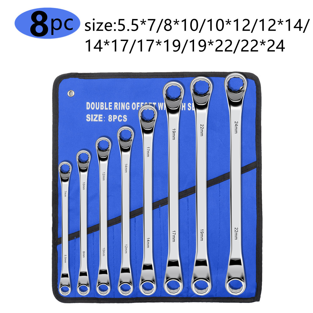 Offset Box End Wrench Set, 45# Carbon Steel Metric 45-Degree, HRC38-45 Long Double Ring Wrench Spanners with Rolling Pouch: Blue