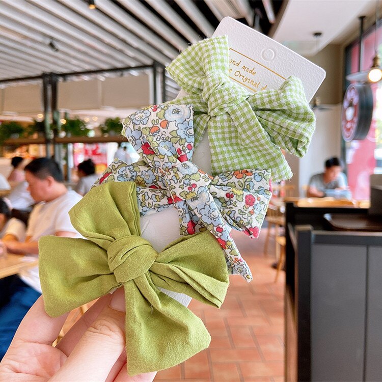 3 stk koreansk frisk enkel rutete blomsterstoff sløyfe andnebb klips vakker jente barn hårspenner hårtilbehør: 5