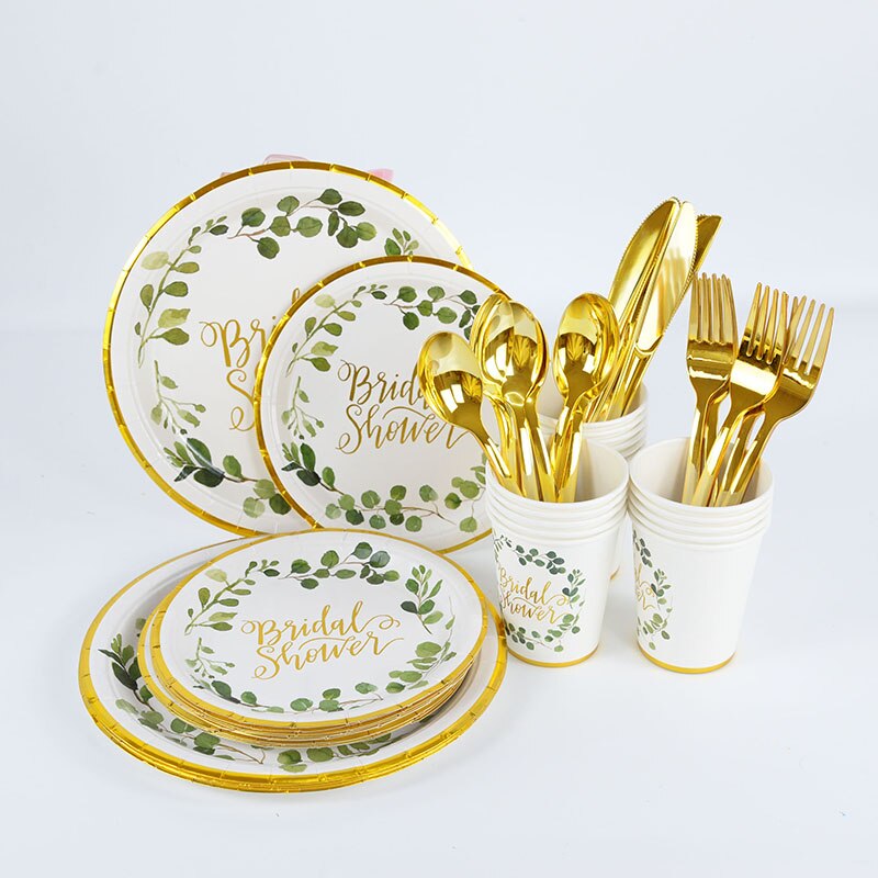 Bruids Douche Dispodable Servies Goud Groene Bladeren Papieren Borden Cups Bruiloft Vrijgezellenfeest Thuis Tafel Decoratie Benodigdheden
